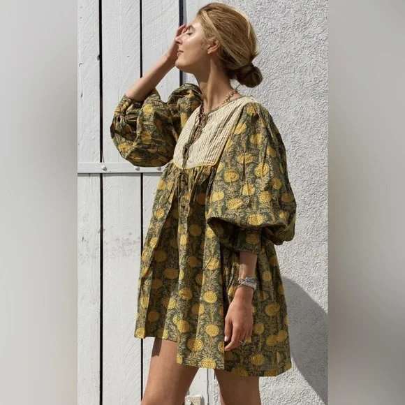 green emerald velvet dress Souleiado Block Print Dress S – OMNIA main image 0